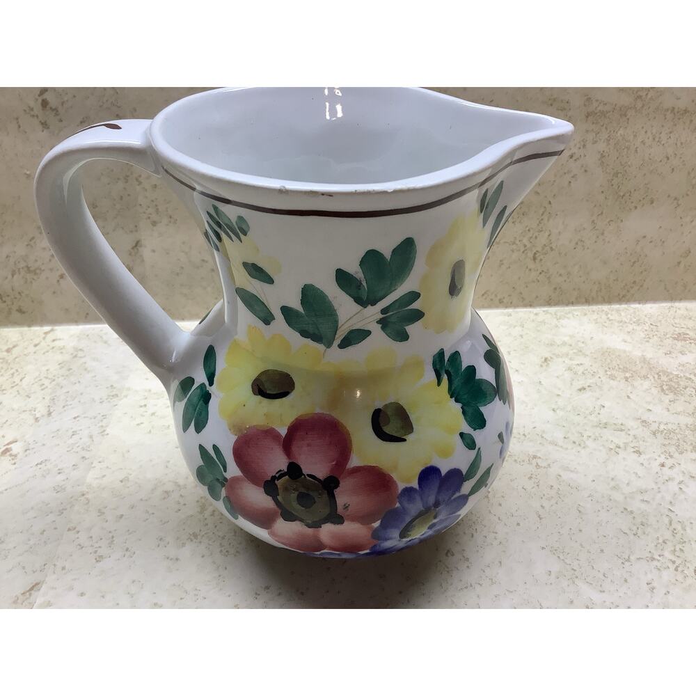 Vintage Italian Hand-Painted Ceramic Floral Pitcher - Tuscan Style Pottery